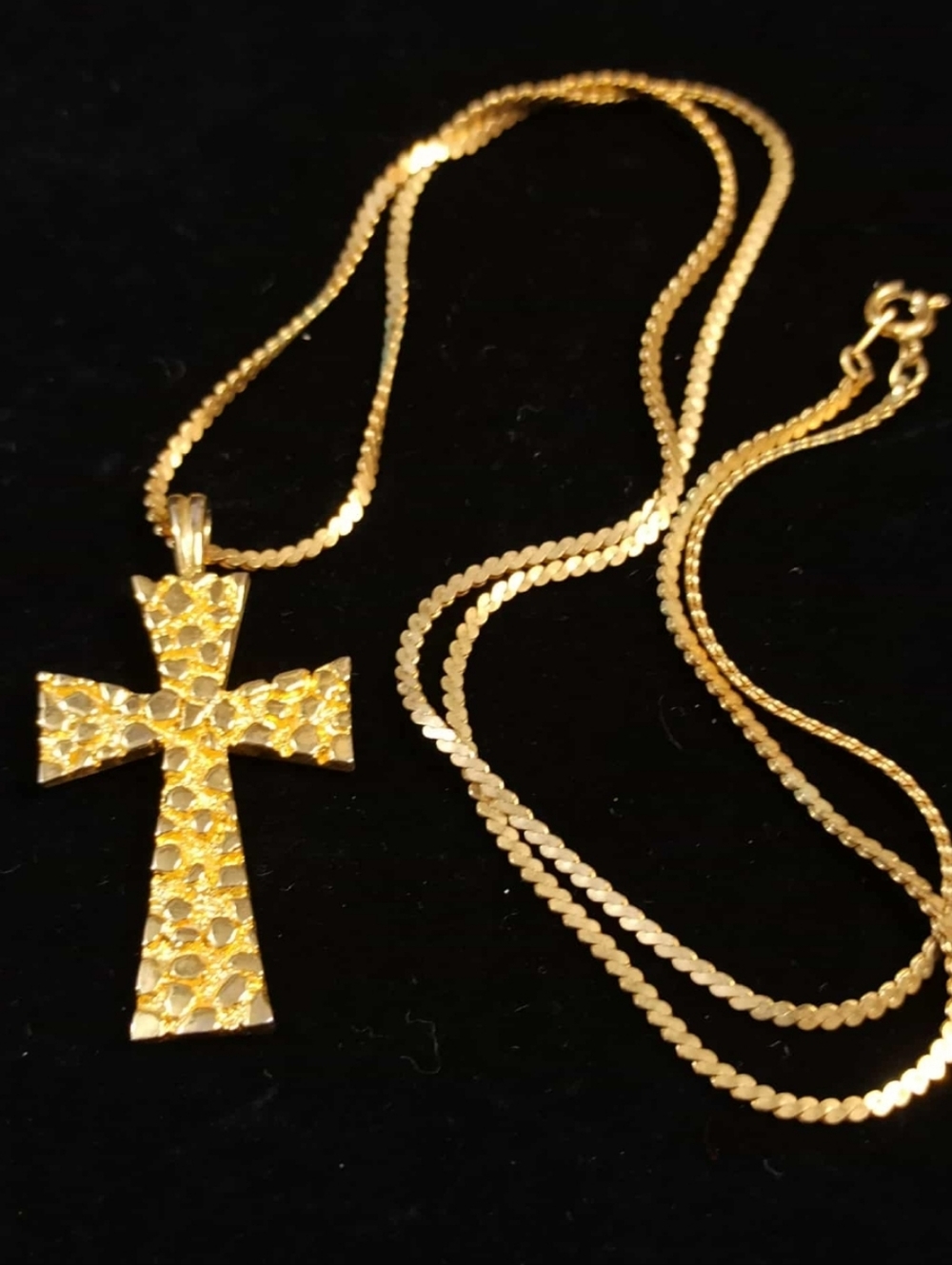 Vintage 1980s Gold Plated Textured Cross Necklace Bold Statement Pendant